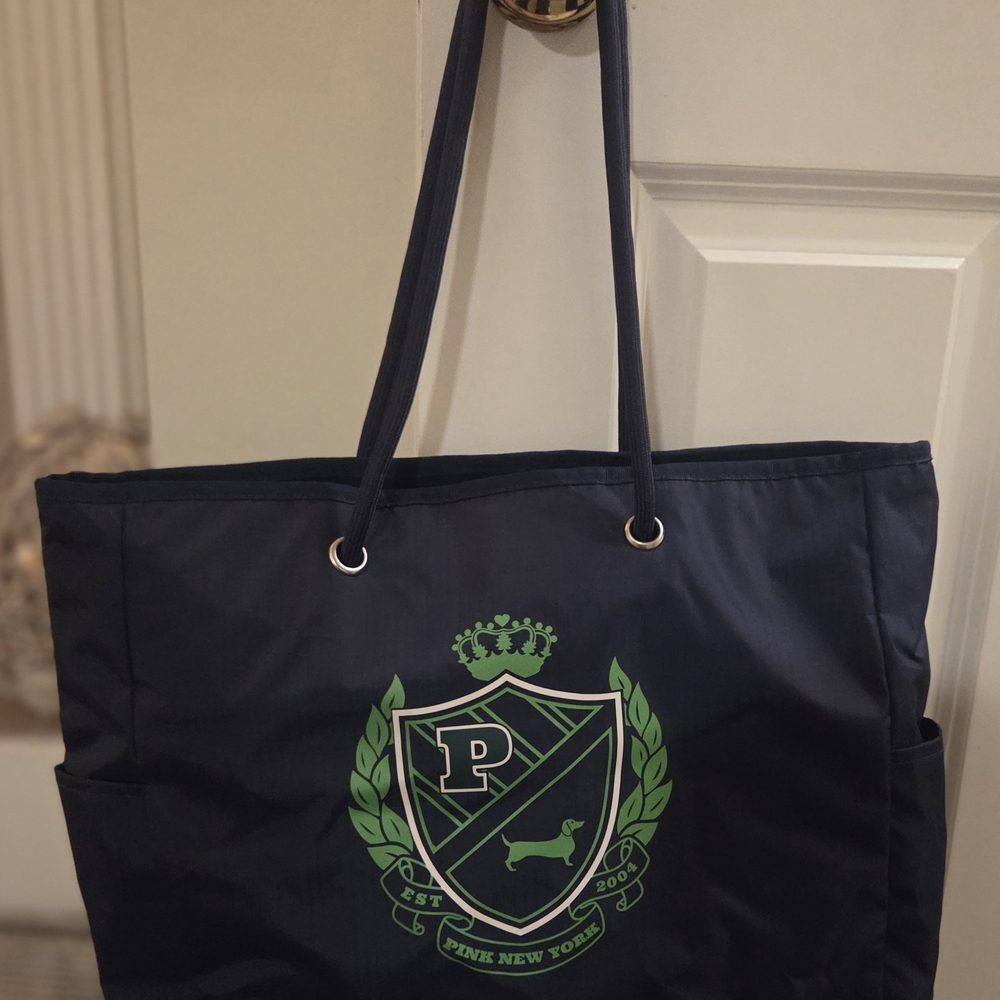 Pink Navy Tote Bag with Green Crest Design
